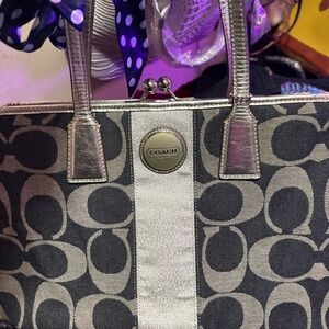 Coach Metallic Silver and Gray Tote w/Kiss Lock
